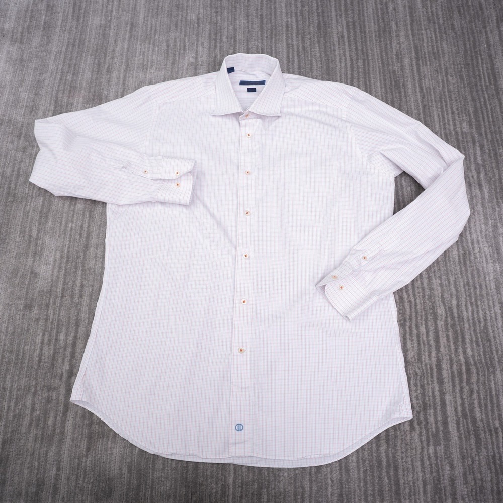 David Donahue Dress Shirt Mens 17 36/37 White Red Blue Trim Fit Tattersall Check